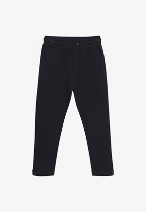 Zwarte sportbroek met een visgraatstructuur, elastische tailleband, trekkoord en twee zijzakken. Tapered leg ontwerp.