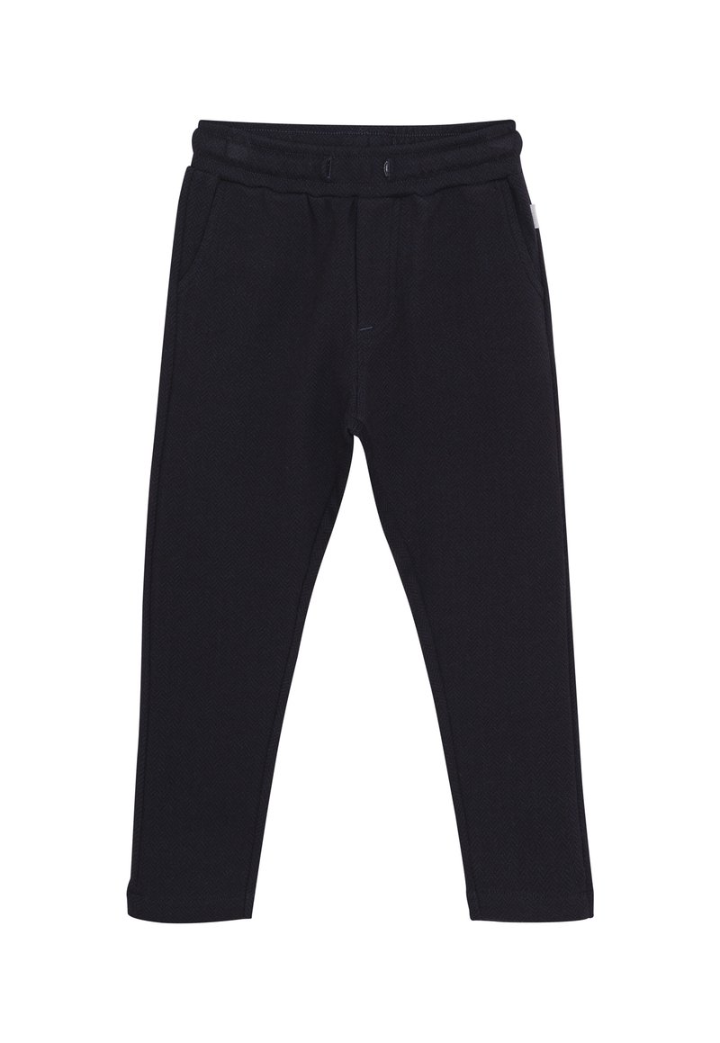 Zwarte sportbroek met een visgraatstructuur, elastische tailleband, trekkoord en twee zijzakken. Tapered leg ontwerp.