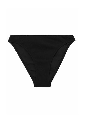 Fekete bordázott bikini alsó, alacsony derékkal és sima varrásokkal; rugalmas anyagból készült, a kényelem és rugalmasság érdekében.