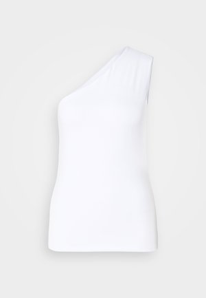 Asymmetric white tank top with one shoulder design, made from smooth fabric, featuring a fitted silhouette and clean edges.