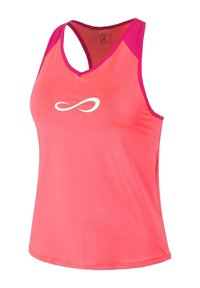 Top deportivo rosa con diseño de escote en V, acentos en un rosa más oscuro en los hombros y un logo infinito blanco en la parte delantera.