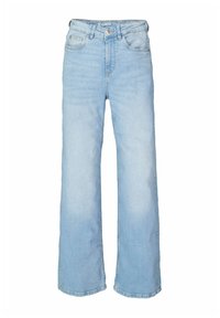 Lichtblauwe wijduitlopende jeans van denim met een vervaagde afwerking, vijf zakken, riemlussen en een knoopsluiting.