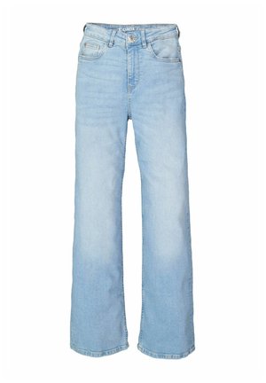 Lichtblauwe wijduitlopende jeans van denim met een vervaagde afwerking, vijf zakken, riemlussen en een knoopsluiting.