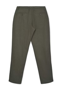 Pantaloni verde oliva realizzati in tessuto testurizzato, dotati di due tasche posteriori con chiusura a bottone e design a gamba dritta.