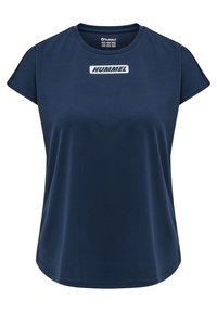Navyblå sportshortsärm t-shirt tillverkad av mjukt och ventilerande tyg med rund halsringning och en framträdande "HUMMEL"-logotyp i vitt.