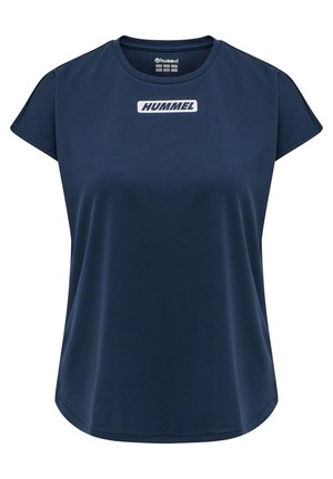 Marineblauw sport t-shirt met korte mouwen, gemaakt van gladde, ademende stof, met een ronde halslijn en een prominent wit "HUMMEL" logo.