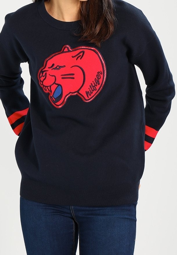Pull bleu marine avec un logo de panthère rouge et le texte « hilfiger ». Comprend des accents à rayures rouges sur les manches. Texture en tricot doux.