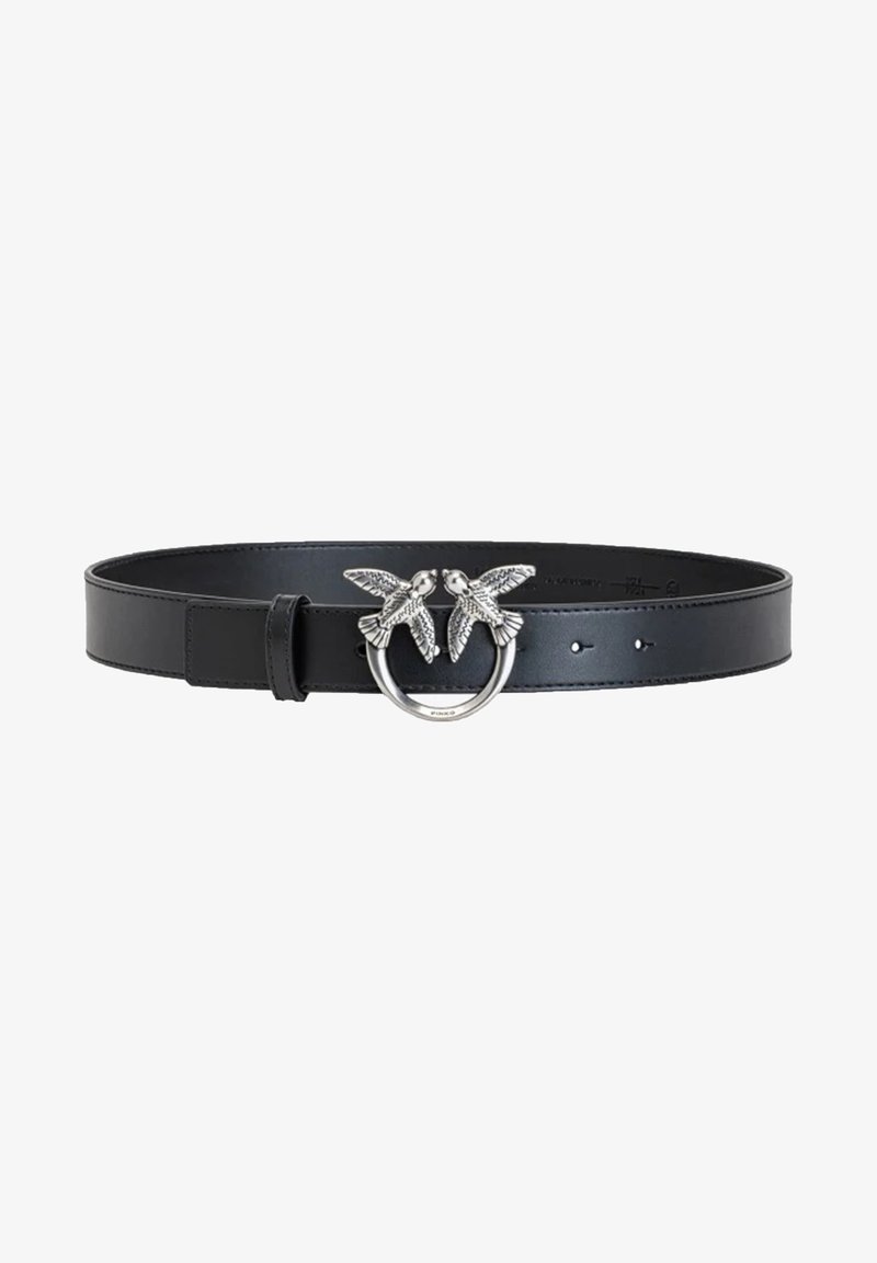 Black leather belt featuring a unique silver ring buckle with two bird motifs. Smooth texture with adjustable size holes for fit.