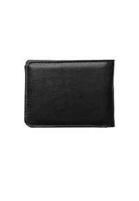 Black leather wallet with a smooth texture, rectangular shape, and stitched edges, featuring a secure fold-over design.