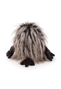 Plush figure with soft, striped gray and black fur, round shape, black fabric hands, and a tufted, fluffy top.