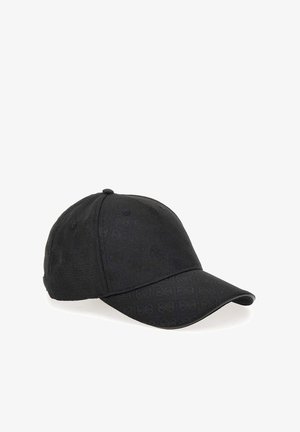 Boné de basebol preto feito de tecido texturizado. Apresenta uma aba curva e um padrão de logótipo tonal. Design clássico de seis painéis com faixa ajustável.
