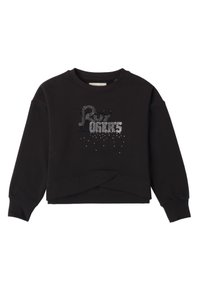 Felpa nera con vestibilità rilassata, colletto a giro e maniche lunghe. Decorata con un design di testo in strass sul davanti e orlo corto.