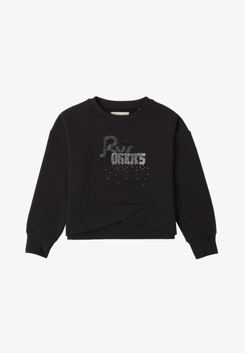 Felpa nera con vestibilità rilassata, colletto a giro e maniche lunghe. Decorata con un design di testo in strass sul davanti e orlo corto.