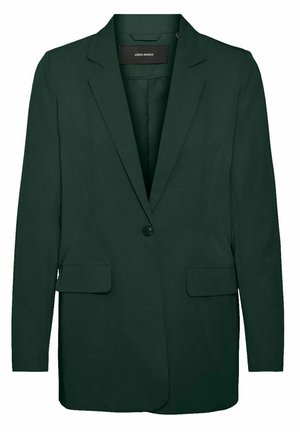 Donkergroene blazer met één knoop, inkeping kraag en twee voorzakken met klep, gelabeld Vero Moda.