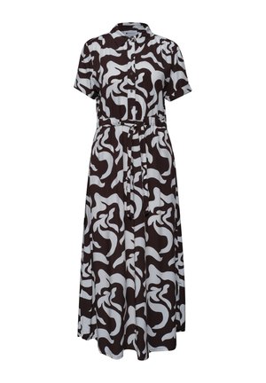 Zwart-witte midi-jurk met korte mouwen, knopen, abstract draaipatroon en bijpassende tailleceintuur.