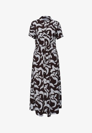Sort-hvid midi kjole med korte ærmer, knapper foran, abstrakt swirl mønster og matchende bælte til taljen.