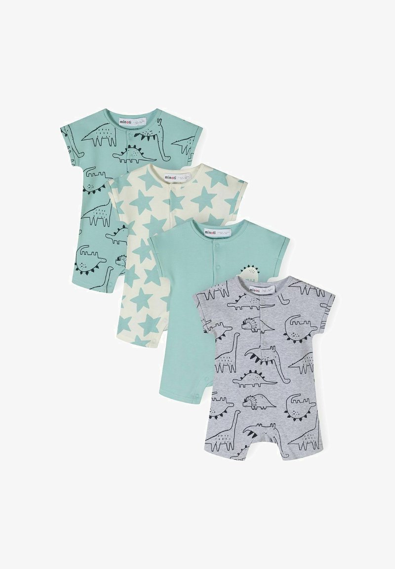 Négy rövidujjú body csecsemőknek menta zöld, krém és szürke színben. Dinozaurusz és csillag minták díszítik, puha pamut anyagból készült.