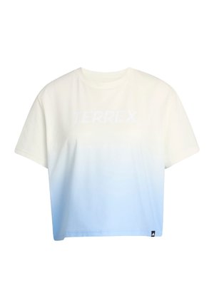 Rövid ujjú, kerek nyakú póló fehér és világoskék átmenettel, halvány "TERREX" logóval a mellkason.