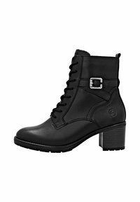 Bottine noire en cuir lisse, avec un design à lacets, un accent en boucle en argent et un talon bloc robuste.