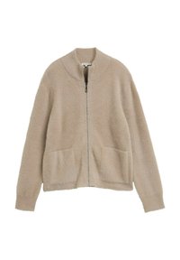 Fuzzy beige zip-up jacket met een hoge kraag, twee voorzakken en geribde manchetten, met een zachte, getextureerde stofafwerking.