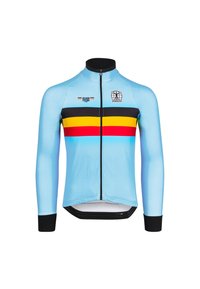 Maillot de cyclisme bleu clair à manches longues, fermeture éclair noire et bandes horizontales audacieuses en rouge, jaune et noir sur la poitrine.