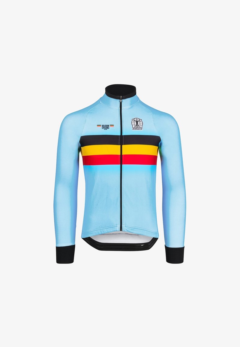 Maillot de cyclisme bleu clair à manches longues, fermeture éclair noire et bandes horizontales audacieuses en rouge, jaune et noir sur la poitrine.