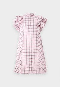 Robe à carreaux rose clair et blanc avec manches courtes à volants, col montant et fermeture boutonnée devant.