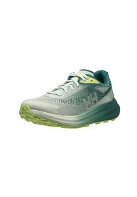 Zapatilla de correr con parte superior de malla en gris claro con acentos en teal, suela acolchada en verde y banda de rodadura texturizada para tracción.