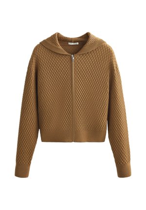 Smeđi pleteni kardigan na patentni zatvarač s teksturiranim uzorkom dijamanata, dugim rukavima, rebrastim manšetama i širokim ovratnikom.