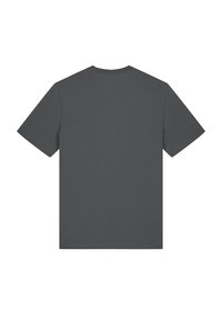 Dunkelgraues T-Shirt mit kurzen Ärmeln, rundem Ausschnitt und glatter Textur. Keine sichtbaren Muster oder Designs auf der Rückseite.