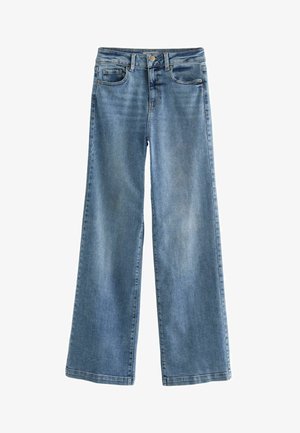 Jean en denim bleu clair à jambes larges avec une fermeture éclair, un bouton, un design à cinq poches, et une finition légèrement délavée.