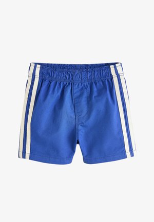 Blå shorts med elastisk talje og to lodrette hvide striber på hver side, mod en hvid baggrund.