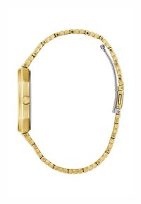 Montre analogique dorée avec un boîtier rectangulaire, bracelet en métal avec des maillons carrés et une boucle de fermoir argentée. Fini poli sur l'ensemble.