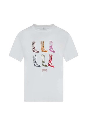T-shirt blanc avec six illustrations colorées de bottes de cowboy disposées en deux rangées et le mot « TEDSMITH » en dessous.