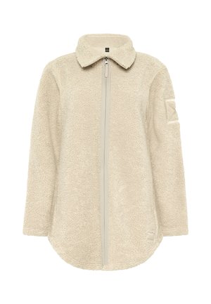 Fleecejacke in Cremefarbe mit durchgehendem Reißverschluss vorne, abgerundetem Saum und einem Aufnäher auf dem linken Ärmel. Weicher, strukturierter Stoff.