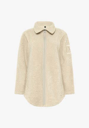 Fleecejacke in Cremefarbe mit durchgehendem Reißverschluss vorne, abgerundetem Saum und einem Aufnäher auf dem linken Ärmel. Weicher, strukturierter Stoff.