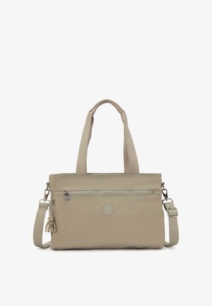 Beige nylon shopper taske med dobbelte håndtag, en aftagelig skulderrem, en udvendig lynlåslomme og en dekorativ abevedhæng.
