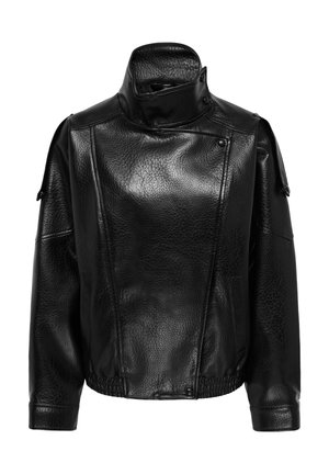 Veste en cuir noire avec col montant, fermeture éclair asymétrique devant, manches longues et ourlet élastique, présentée sur fond blanc.
