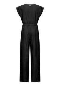 Zwarte jumpsuit met een relaxte pasvorm, korte mouwen, elastische tailleband en wijd uitlopende pijpen. Gemaakt van lichtgewicht, gestructureerde stof.