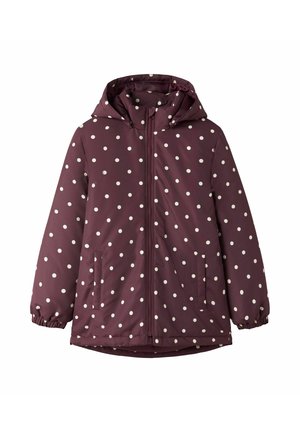 Veste à capuche pour enfant, couleur violet foncé, manches longues, motifs à pois blancs, fermeture éclair frontale, deux poches latérales et poignets élastiques.