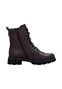 Stivali alla caviglia in pelle bordeaux con design alla stringa, zip laterale, suola in gomma e dettagli testurizzati sui lati. Tacco rinforzato.