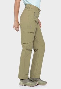 Cargo-Hosen in Olivgrün, aus leichtem Stoff gefertigt, verfügen über mehrere Taschen, einen geraden Schnitt und eine Reißverschlusstasche auf der Vorderseite.
