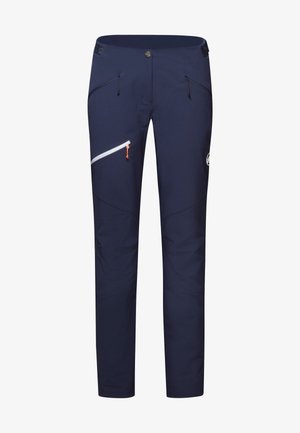 Navy waterproof outdoor pants with a slim fit, featuring two zippered pockets and an orange zipper pull for detail. Lightweight fabric.