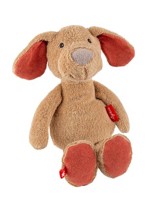 Soft brown plush dog toy with large floppy ears and matching orange fabric on ears and feet, sitting upright on a white background.