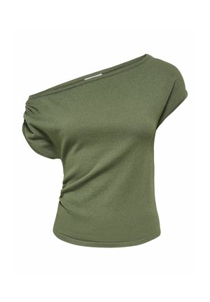 Groen kort mouwen, asymmetrisch topje met geplooide details aan één kant en een iets losse pasvorm.