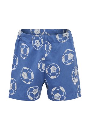 Blå bomuldsshorts med hvidt fodboldtryk. Har en elastisk talje og en afslappet pasform.