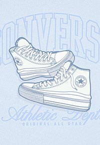 Grafika su dviem baltomis Converse aukštomis kedais ant šviesiai mėlynos fono. Ypatybės apima raištelius, guminį pado ir ikonišką žvaigždutės logotipą.