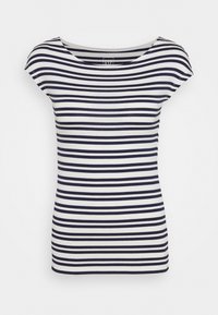 Pruhované bavlněné tričko s horizontálními námořnickými modrými a bílými pruhy, širokým výstřihem a krátkými rukávy ve stylu cap. Měkká textura, přiléhavý střih.