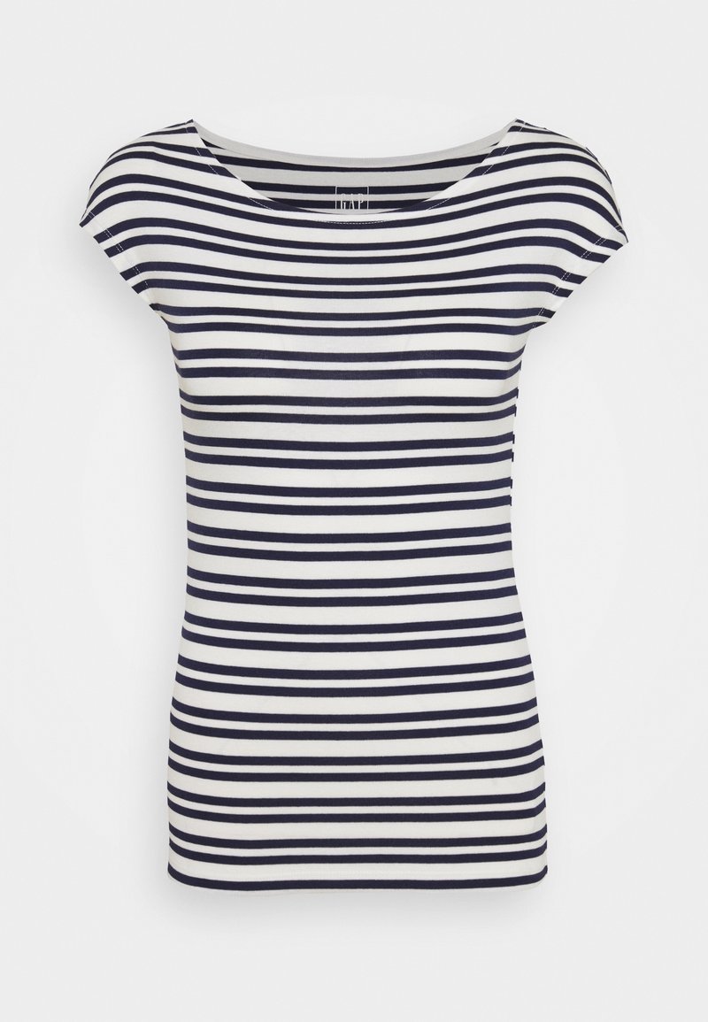 Pruhované bavlněné tričko s horizontálními námořnickými modrými a bílými pruhy, širokým výstřihem a krátkými rukávy ve stylu cap. Měkká textura, přiléhavý střih.