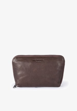 Dark brown textured leather zippered pouch with a small silver zipper pull, rectangular shape, and rounded corners.
